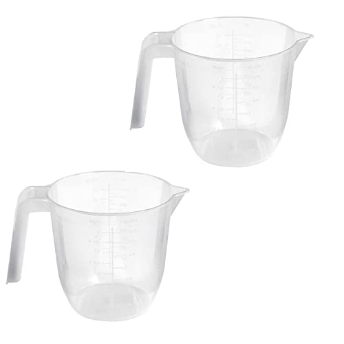 D.A.Y. Republic Set of 2 Plastic Lightweight 1L Measuring Jugs, Sturdy and Hardwearing, Easily Storable and Stackable, Measuring Scale Markings on The Side in ml and Ounces, BPA Free (1L Two Pack)