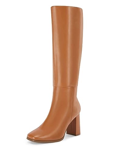 Coutgo Womens Wide Calf Knee High Boots Chunky High Heel Square Toe Fashion Leather Shoes with Side Zipper