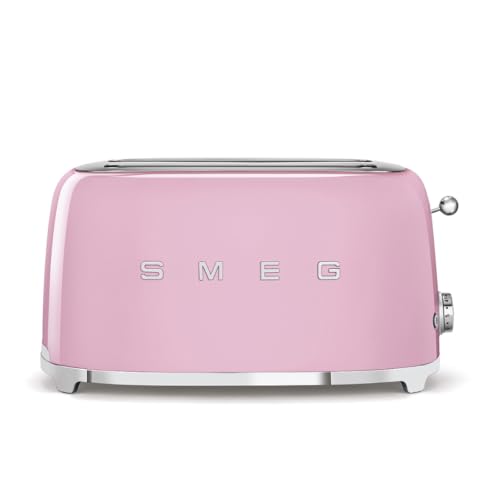 Image of SMEG 4 Slice Toaster TSF02, Long Slot Toaster with Wide Slots for Bagels & Artisan Bread, Retro Stainless Steel, 6 Browning Levels, Defrost Reheat Bagel Functions, 1400W - (Pink)