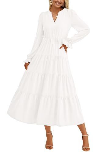 PRETTYGARDEN Long Sleeve Dress for Women 2025 Fall V Neck Tiered Aline Spring Elegant Modest Flowy Wedding Guest Maxi Dresses