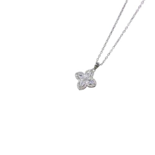 QKCQQTS Collar de flores giratorias de trébol de cuatro hojas, colgante de la suerte de flor giratoria de oro, collar de clavícula versátil para mujer (Silver)