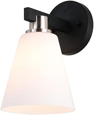 VAXCEL Vermont 1-Light 6 inch Wide Matte Black and Satin Nickel Transitional Bathroom Vanity Lighting Fixture, Etched White Glass Shade, Dimmable, LED Compatible, Wall Mounted Steel Sconce