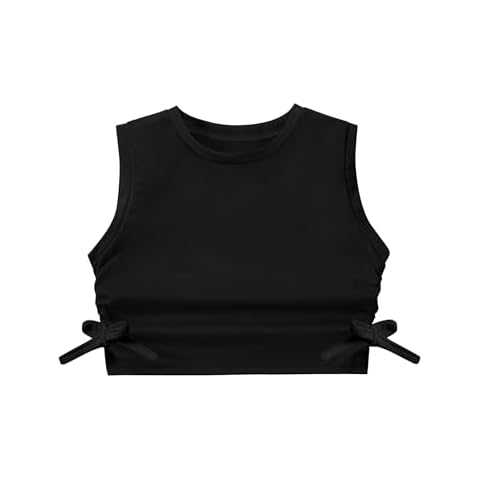 EXARUS Girl's Crop Tank Tops Ribbed Knit Cropped Tops Sleeveless Round Neck Casual Cute Dance Top Ruched Side Black 10Y Cover