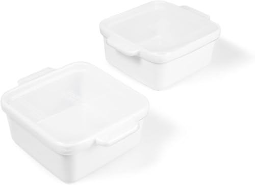 Souper Cubes Stoneware - 5' x 5' Baking Dishes for Oven with Silicone Covers, Premium Mini Ceramic Baking Dishes, Perfect for Reheating Individual Portions in Oven or Microwave, Set of 2 - White