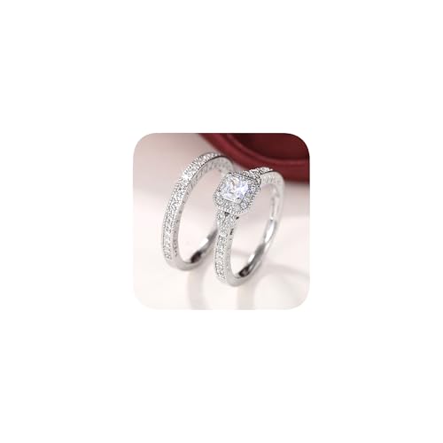 2PCS 925 Plated Silver Bridal Rings Sets Square Cut Cubic Zirconia Halo CZ Engagements Rings Wedding Bands for Women Promise Rings for her Size 8#2