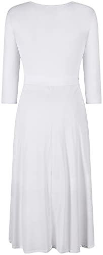 Image of Women's 3 /4 Sleeve V-Neck Printed Knee Length Midi Faux Wrap Floral Dress White S