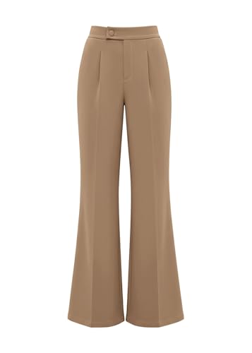 KIRUNDO Womens Dress Pants High Waisted Wide Leg Pleated Trousers Flare Palazzo Slacks Pockets Business Casual Outfits(Khaki, Medium)