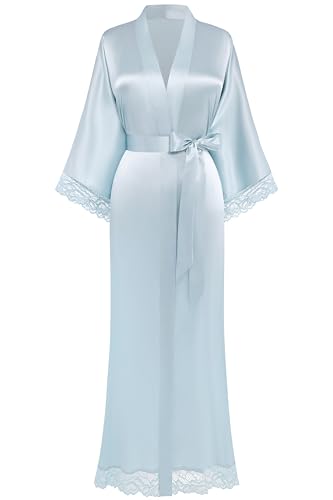 Image of BABEYOND Satin Kimono Robe Silky Long Bridesmaid Wedding Lightweight Bath Robe with Lace Trim