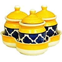 Ceramic Jars with Lid and Holding Tray Multipurpose Barni for Chutney, Pickle jar Storage Container, Dining Table Container Set (Pack of 3, Multi-color) (Yellow)
