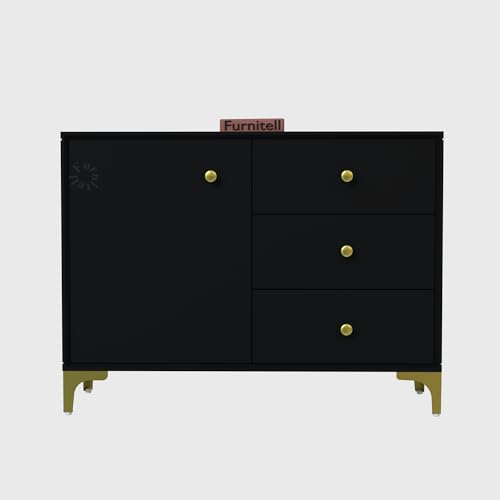 Image of Wooden Sideboard Cabinet for Living Room | Side Board Crockery Cabinet with 1 Door & 3 Drawers Storage for Dining, Drawing and Home Office | HDMR Premium Wood & Iron, Forest Green