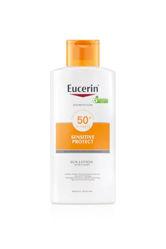 Eucerin Sun Lotion Extra Light Sensitive Protect FPS 50+ (400 ml), protección solar muy alta con filtros UVA/UVB, crema de sol con ácido hialurónico, protector solar para piel delicada y atópica