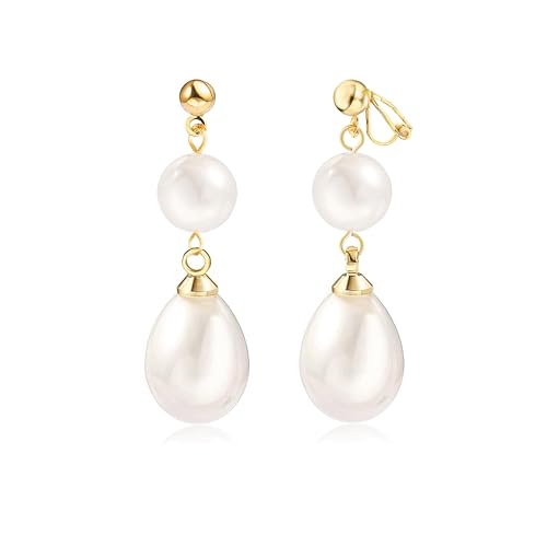 14k Gold Plated Clip On Earrings For Women Lightweight Sea Shell Pearl Earrings for Non-Pierced Ears Elegant Vintage Jewelry Gift for Her