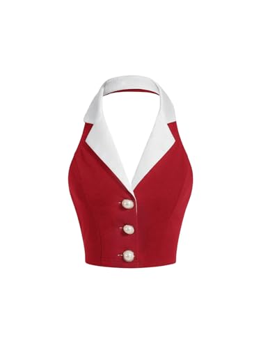 Women's Colorblock Sleeveless Turndown V Neck Collar Button Front Backless Slim Fit Crop Halter Top Tank Top Cropper