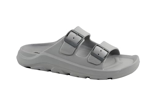Image of Bata Men's Double Strap Slide Sandals, Grey, EVA Material, Adjustable Buckle, Textured Footbed, Casual Comfort, Open Toe