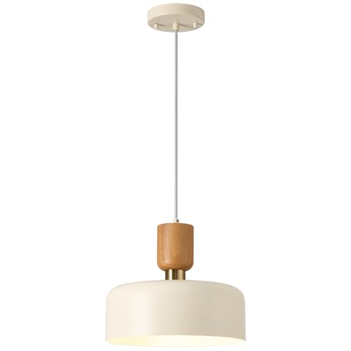 Modern Pendant Lighting,12 inch,Natural Wood and Brass Accent,Adjustable Pendant Light Fixtures for Kitchen Island,Dining Room,Soft Cream