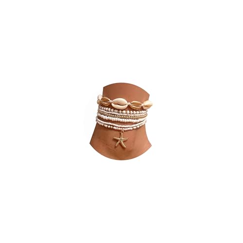 Image of Qceasiy Bead Ankle Bracelets Set For Women, Adjustable Gold Plated Boho Shell Anklet, Hawaiian Beach Seashell Pearl Disc Starfish Conch Foot Jewelry, Summer Fashion Gifts