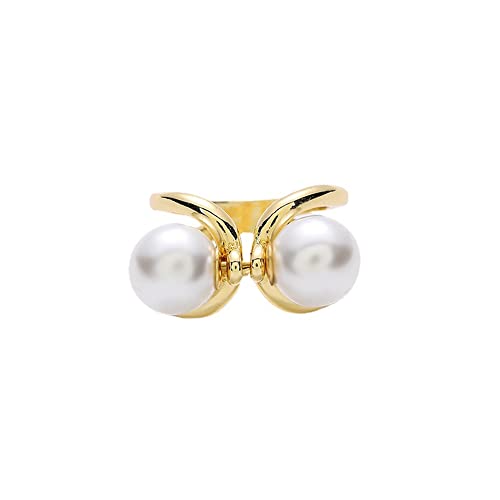 Image of Double Pearls Silk Scarf Ring Clip Brooch for Women Girls 10mm Artificial Shell Pearl Butterfly Bowknot Shawl Scarves Statement Finger Rings Size 8 Dainty Mother's Birthday Wedding Party Jewelry Gift