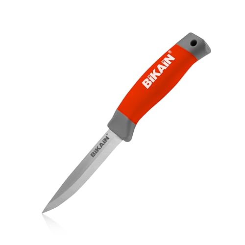 Bikain Cuchillo de Monte Multiusos de 21cm - Hoja de Acero Inox de 10 cm - Mango Engomado - Incluye Funda de Cuero en Color Rojo - Ideal para Jardinería