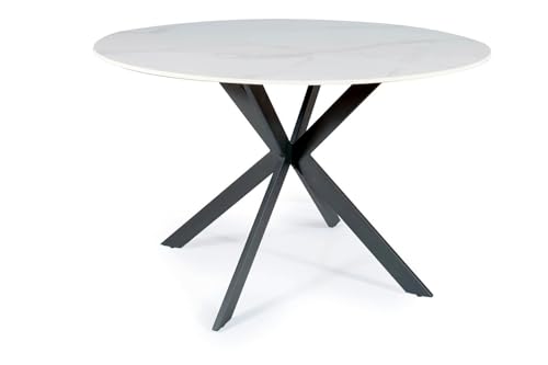 SIGNAL MEBLE Table à Manger Ronde en Céramique Et Métal - 6 Couverts - Blanc/Noir - D 120 X H 76 Cm