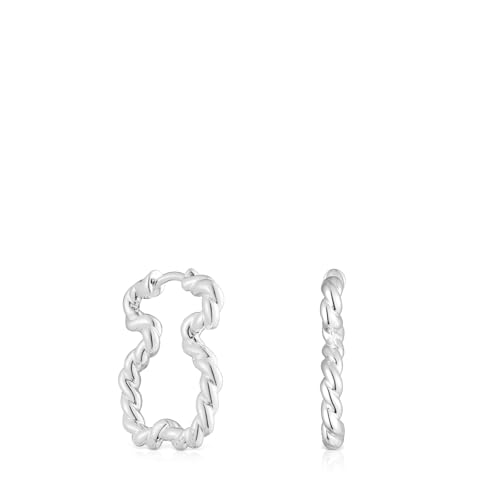 TOUS Pendientes de Plata de Primera Ley para Mujer con Motivo de Silueta Oso Trenzado 0,22cm y Cierre a Presión, Clásico y Elegante, Colección Twisted