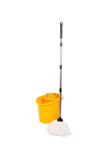 REQUISITE NEEDS Professional Mop and Bucket Set Heavy Duty with Wringer and Two Cotton Mop Heads for Floor Cleaning - 16L Bucket with Pouring Lip (Yellow)