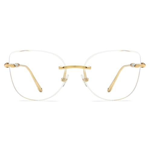 Image of LJCZKA Rimless Blue Light Blocking Glasses Women Stylish Cat eye Eyeglasses Anti Eye satrain Computer Cateye Metal Frame