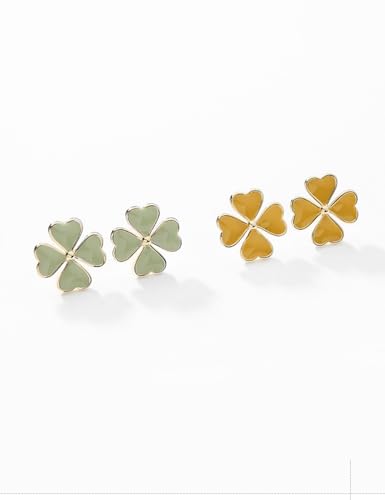 Dainty Four Leaf Clover Small Stud Earrings 925 Sterling Silver Pin Green Enamel Love Heart Good Luck Flower Cartilage Hypoallergenic Piercing Studs Earring Cute St.Patrick's Day Jewelry Gifts4