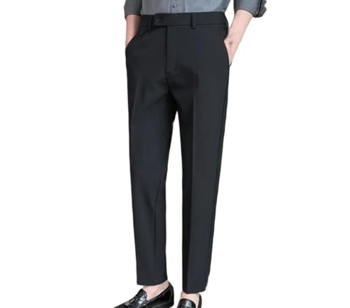 Men Slim Fit Suit Pants Solid Color Business Casual Straight Dress Trousers Office Wear with Elastic Waist