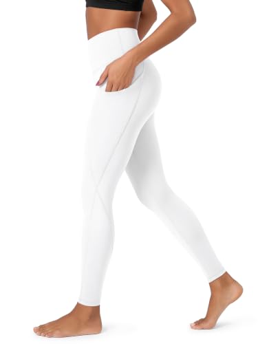 ODODOS Women's High Waisted Yoga Leggings with Pockets, 30" Inseam Tall Full Length Tummy Control Workout Running Yoga Pants, White, XX-Large