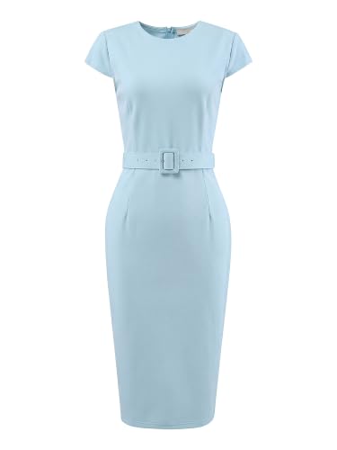 Image of Hobemty Women's Knee Length Pencil Dress Cap Sleeve Belted Wear to Work Sheath Dresses