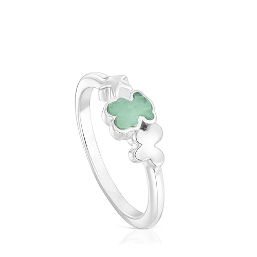 TOUS Anillo para Mujer de Plata de Primera Ley y Amazonita con Motivo de Oso, Talla 12, Colección Bold Motif