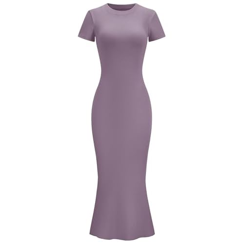 LOMON Women Fishtail Hem Ribbed Maxi Dresses Summer Casual Stylish Y2k Sexy Fitted Lady Elegant Cotton Soft Lounge Dress Small A2_short Sleeve_grey Purple