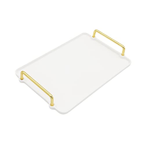 Ceramic Decorative Tray with Golden Metal Handle, ANZUSY Vanity Tray Rectangle Serving Tray Home Decorative for Jewelry Towel Candles Soap Decoration Tub Kitchen Restroom-Rectangular Small White