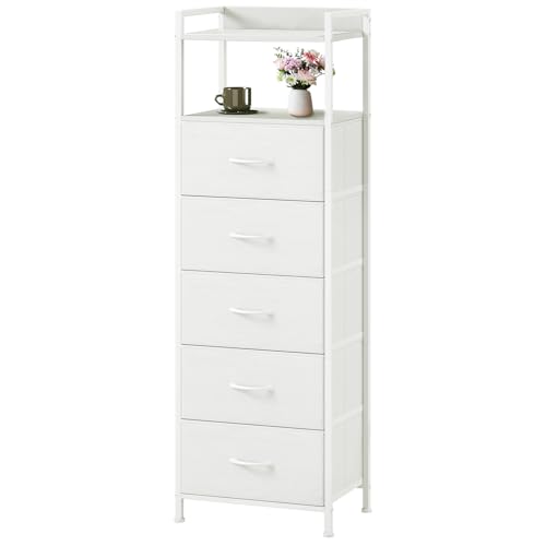 Somdot White Tall Dresser for Bedroom with 5 Drawers, Tall Nightstand