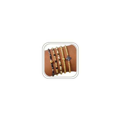 M MOOHAM 14K Gold Plated Beaded Bracelets for Women - Non Tarnish 14K Gold Plated Cross Beaded Bracelet Stack Stretch Boho Bead Bracelet Jewelry Set Christian Religious Gifts for Women Teen Girls