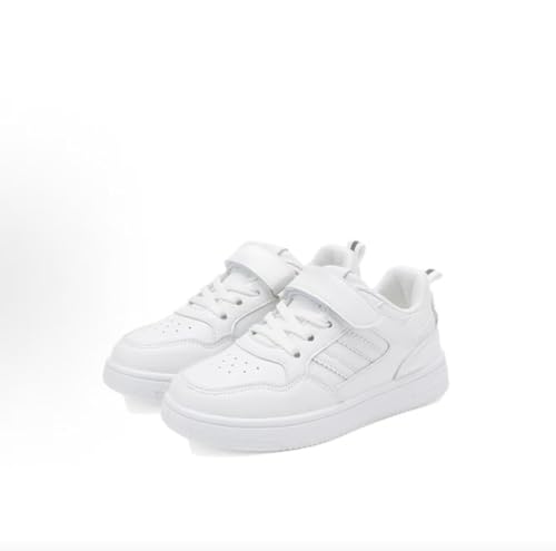 Kids White Sneakers with Hook and Loop Straps, Perforated Design, Casual Athletic School Shoes3