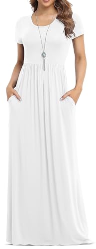 VIISHOW Women's Short Sleeve Loose Plain Maxi Dresses Casual Long Dresses with Pockets (White Medium)
