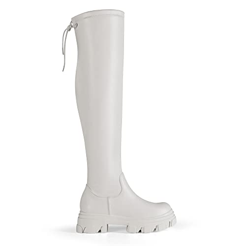 DREAM PAIRS DREAM PAIRS Women's Over The Knee Platform Thigh High Boots Long Stretch Soft Chunky Lug Sole Fall Boots,Size 9.5,White/Pu,SDOB222W