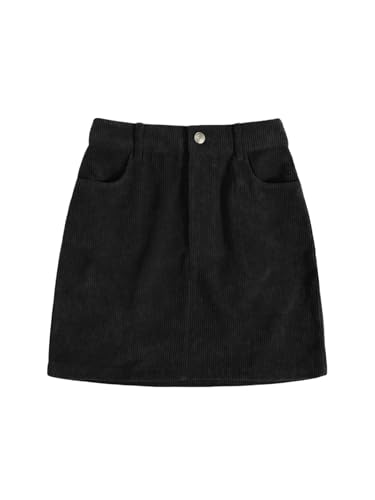 SOLY HUX Damen Cordrock Elegant Kurz Rock mit Taschen Office Cord Mini Röcke Hohe Taille mit Knopf und Reißverschluss Herbst Frühling Outfit Schwarz S