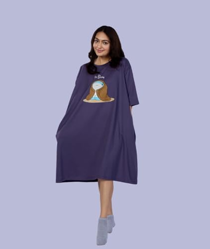 Image of LAMA STORE Women's Printed Oversized T-Shirt Dress, Cotton, 3 /4 Sleeve Length, Casual Loose Fit, Comfort Wear Extra Comfy Oversized Printed Pocket T-Shirt Dress