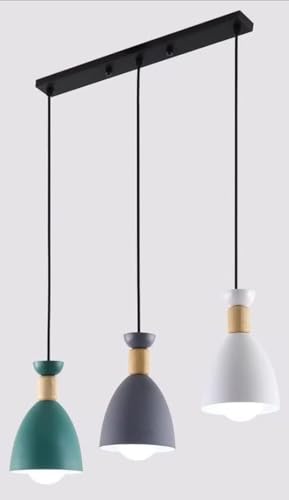 Image of DECOHOME Modern 3-Light Pendant Ceiling Lamp | Minimalist Multi-Color Hanging Lights with Wooden Accent | Stylish Linear Design for Dining Table, Kitchen Island & Living Room Decor