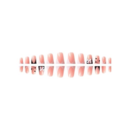 Image of French Tip Nails Press ons Black White Fake Nails Duck False Nails with Design Rhinestone Glue on Nails Bow Stick on Nails Glossy Artificial Acrylic Full Cover Nail for Women Girls Manicure 24Pcs