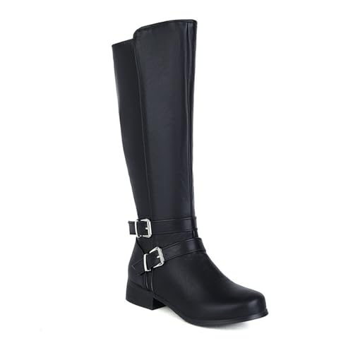 Women's Stretch Knee High Boots Low Block Heel Buckle Strap Classic Tall Riding Boots Side Zipper Casual Fashion Winter Boots