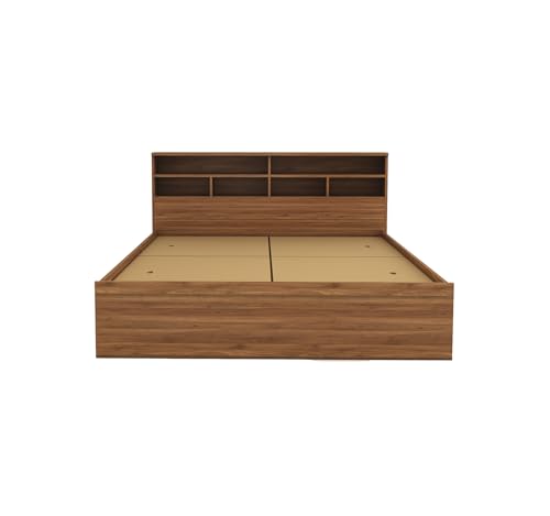 Image of DesignFit Engineered Wood Queen Size Bed with Box Storage | Wooden Double Bed Cot Palang Furniture for Bedroom Living Room Home Hotel (Walnut Finish) 1 Year Warranty