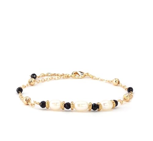 Gold Chain Pearl Bracelet For Women Dainty White Pearl & Black Spinel Beads Stackable Adjustable Length 6.5-8.5 inches Non Tarnish Jewelry Gifts for Women