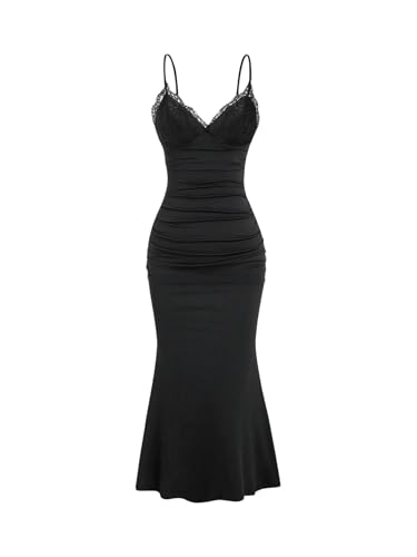 Image of Milumia Women's Lace Trim V Neck Ruched Cami Fishtail Bodycon Dress Black Small