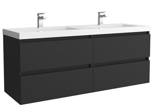 Mueble de baño Bequia 140 cm con Lavabo 100% montado de fábrica | Acabado Negro Mate suspendido 4 cajones Cierre amortiguado Apertura con uñero | Lavabo 2 pozas Porcelana Blanca | Marca Salgar