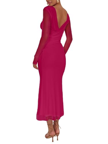 Image of Aisbei Women's Elegant Bodycon Maxi Dress Long Sleeve Boat Neck Backless Dress Party Cocktail Formal Wedding Guest Dresses