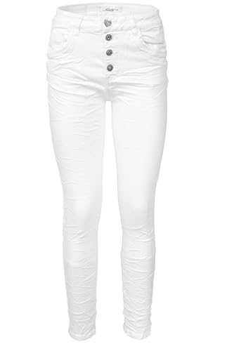Jewelly Damen Stretch Jeans Five-Pocket im Crash-Look | Boyfriend Hose und sichtbarer Knopfleiste mit Schmuckknöpfen XL/42 Weiß Jewelly Damen Stretch Jeans Five-Pocket im Crash-Look | Boyfriend Hose und sichtbarer Knopfleiste mit Schmuckknöpfen XL/42 Weiß