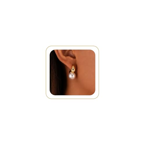 CHSKY Pearl Earrings for Women, 14K Gold Plated Quality Handpicked AAA+ Freshwater Cultured Round Pearls Small Gold Hoops Trendy Dangle Pearl Drop Earrings Jewelry Gifts for Women